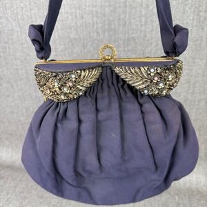 Vintage Guild Original  Evening Bag Navy Blue Gold Floral Clutch Purse Handbag